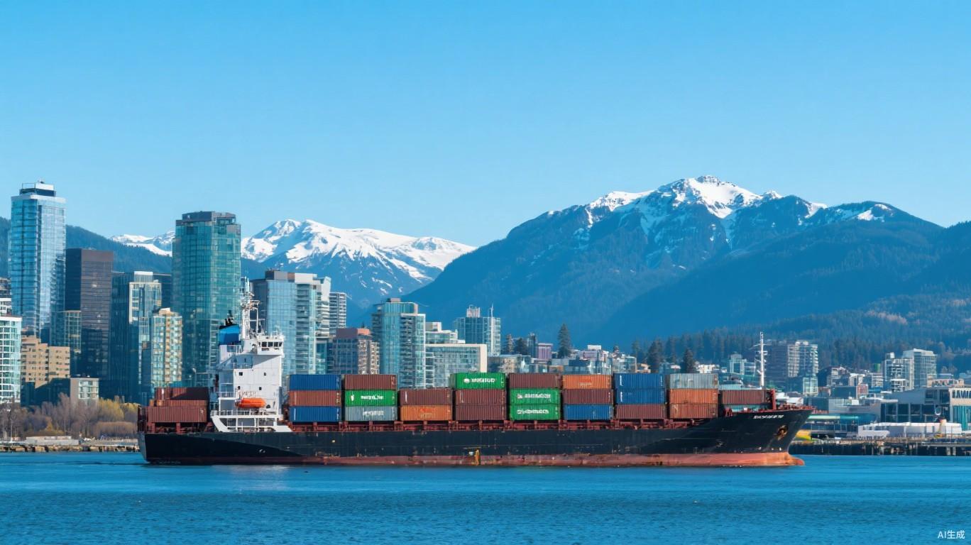 Container ship in Vancouver harbor with skyline and mountains