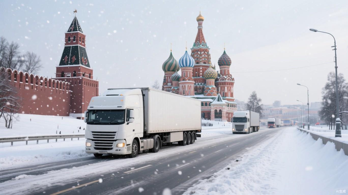 Trucks on snowy highway with Moscow landmarks