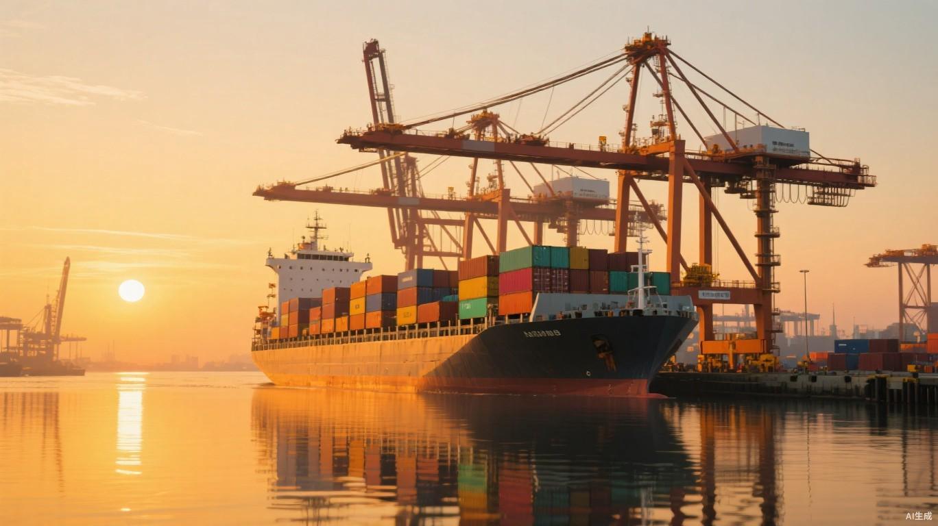 Container ship at port with gantry cranes at sunset