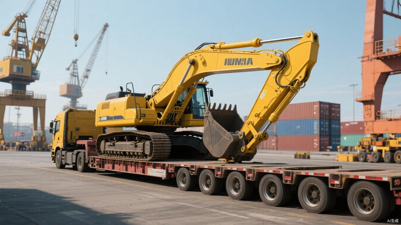 Yellow excavator on flatbed trailer at port