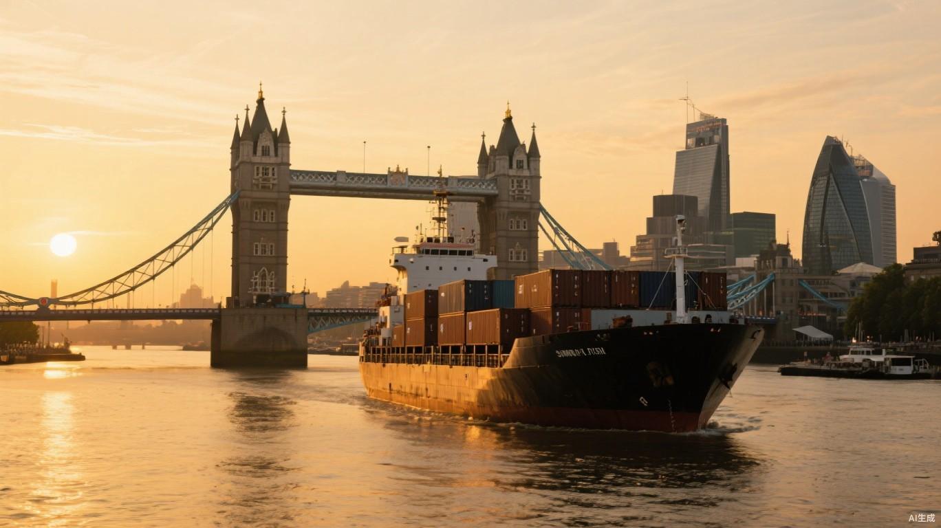 Container ship near Tower Bridge London at sunset