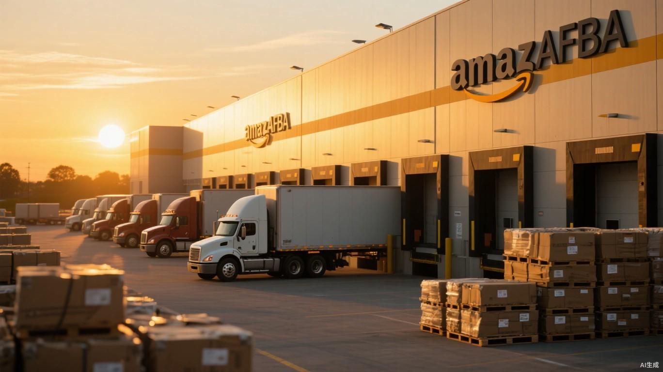 Amazon FBA warehouse with trucks at sunset